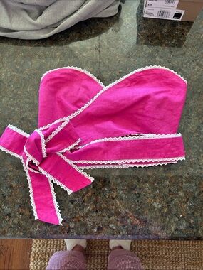 Strapless Pink Crop Top with Lace Trim